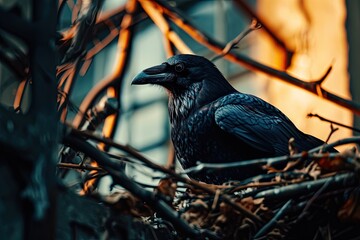 Portrait Crow guarding the nest AI Generative