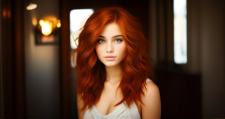 Beautiful ginger girl, closeup face. Beautiful brunette woman, portrait closeup. Face of young woman with blue eyes and wavy redhead hair. Beauty face. Model girl with curly hairstyle. Woman face.