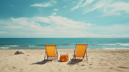 Two orange beach chairs facing the sea with a clear horizon, perfect for a relaxing summer getaway.