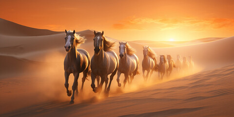 A herd of wild horses gallops freely across a prairie, dust rising in their wake under the setting sun Group of horses running gallop in the desert.