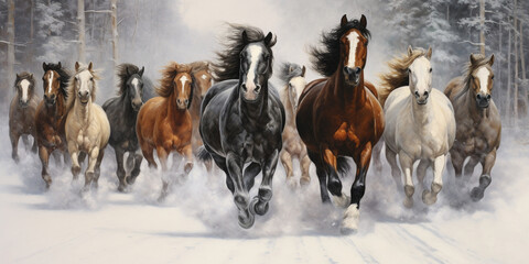 horses galloping freely through a snowy landscape. Horses running on snow in winter. Digital painting, illustration .Herd of horses 3d rendering Horses with long mane in motion against sky background.