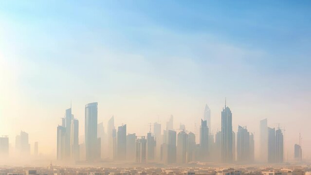 Panoramic view of the city skyline, shrouded in a hazy heatwave haze, as seen from a rooftop observation deck.