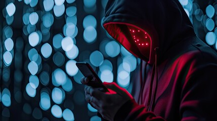 Phishing, cyber security, online information breach or identity theft crime concept. Hacked phone. Hacker and cellphone with hologram data. Mobile scam, fraud or crime. Cybersecurity infringement.
