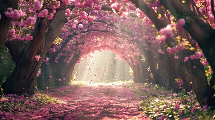 Pink tree and flowers blossom and falling at the garden tunnel on morning with sunlight. 