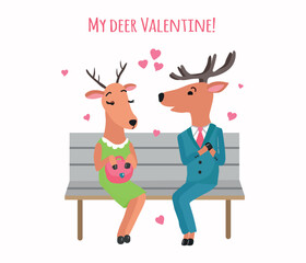 St Valentine's day card with  cartoon cute deers in love vector illustration