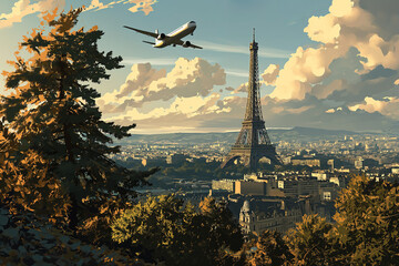 Airplane above Eiffel tower in Paris, cartoon illustration, travel Europe, scenic, relocation