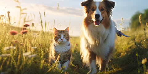 Harmony Cat and Dog Enjoying a Trail A fluffy cat and a happy dog stroll through a sunny spring meadow A Tranquil with Canine and Feline Friends.
 - obrazy, fototapety, plakaty