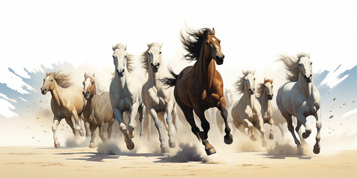 Horses running in dust isolated on a white background. 3d rendering, Horses running in different positions on a white background.