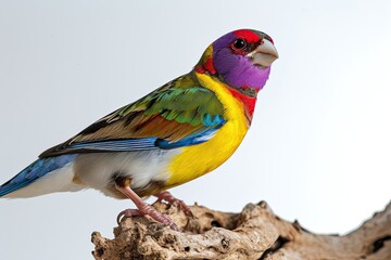 Obraz premium Portrait Lady Gouldian Finch standing on old wood AI Generative