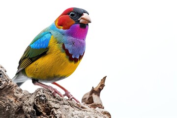 Portrait Lady Gouldian Finch standing on old log AI Generative