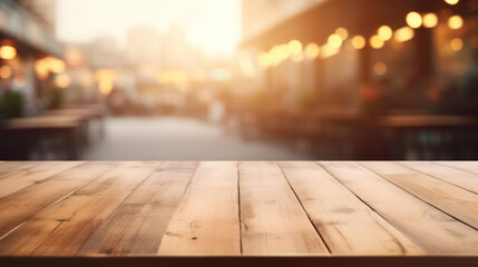 Empty wooden table with a blurred cafe terrace in the background, inviting and ideal for product display. - obrazy, fototapety, plakaty