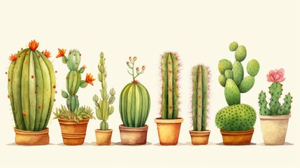 A watercolor style, minimal cartoon illustration of different cactuses, green, craft paper.