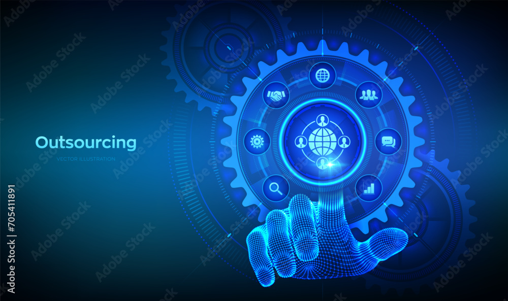 Poster outsourcing and hr. social network and global recruitment. global recruitment business concept. wire