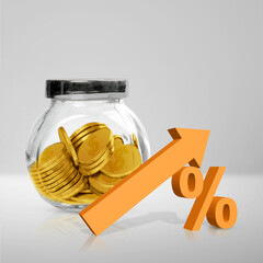 Golden coins in a glass jar with increased percentage symbols
