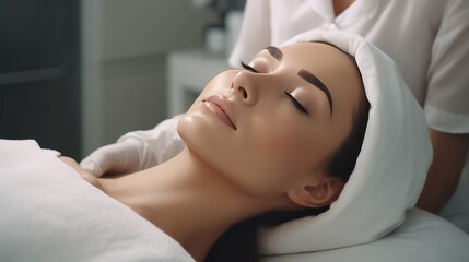 Obraz na płótnie Canvas A Beauty expert massaging young woman's face Close up of beautiful Asian woman's head in white hat and doctor's hands in gloves lying on treatment bed.