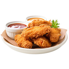 fried chicken breast on wooden board isolated on transparent.
