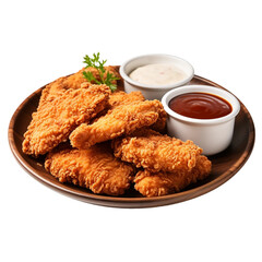 fried chicken breast on wooden board isolated on transparent.

