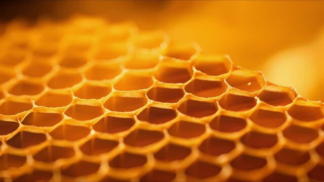 Extreme closeup of an intricate honeycomb structure, emphasizing the role of bees in sustainable agriculture.