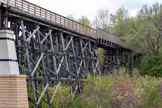 Landscape view of a rustic 19th century iron and wood railroad trestle bridge, with trees in the background