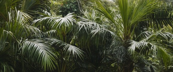 Closeup of palm leaves in tropical garden, dark green texture, full-framed wallpaper concept