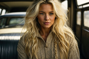Fototapeta premium Beautiful breathtaking blond Scandinavian girl in natural light wearing a beige sweater. Beautiful, breathtaking, blond, Scandinavian girl, natural light, beige sweater, portrait, stunning, attractiv