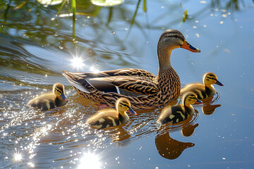 A mother duck swims in a pond with her four ducklings amidst sparkling water and sun reflections.