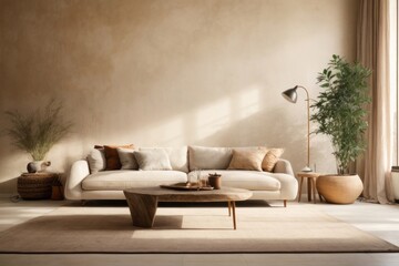 Fototapeta na wymiar Farmhouse interior home design of modern living room with beige sofa and rustic walls