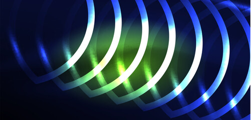 Neon laser lines, circles waves abstract background. Neon light or laser show, electric impulse, power lines, techno quantum energy impulse, magic glowing dynamic lines