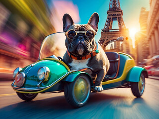 A French bulldog races an open sports car. Cute French bulldog takes out his cool sports car in speed mode