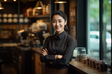 Asian woman bright smiling face coffee shop owner Standing confidently with arms crossed inside a warm and modern coffee shop. - obrazy, fototapety, plakaty