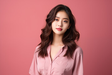 Fototapeta premium Young Asian woman her soft smile and wavy flowing hair. Dressed in a light pink shirt that compliments the warm
