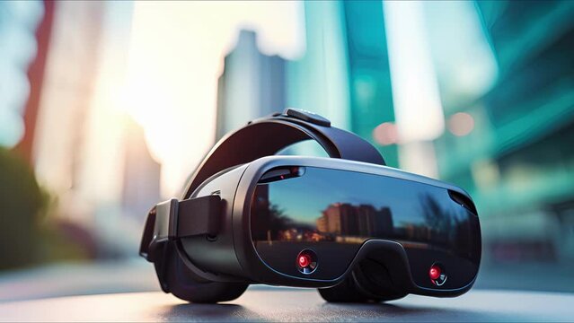 Detailed view of a virtual reality headset with builtin haptic feedback, allowing the user to feel sensations in the virtual world.