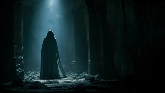 A haunting vision of an ancient crypt illuminated by a ghostly moonlight a resurrected figure lurking in the shadows nearby