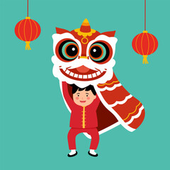 Little kid boy playing chinese lion dancing in flat design.