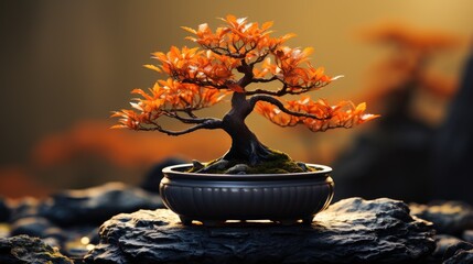 A small bonsai grows in a black pot illuminated by sunlight