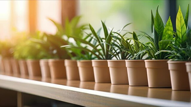 A focused image of a row of potted plants on a shelf, creating a natural barrier between desks in the office space.