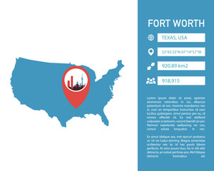 Fort Worth USA map shape vector infographics template. Modern city data statistic illustration, graphic, layout for United States of America Texas state