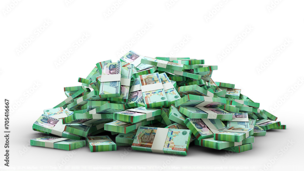 Poster 3d rendering of pile of stacks of uzbekistani som notes isolated on transparent background