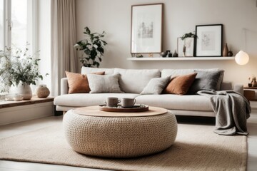 Scandinavian interior home design of modern living room with beige sofa and round table - obrazy, fototapety, plakaty