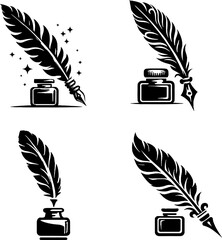Set of vintage feather pen with ink pot