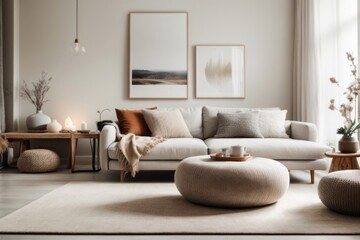 Scandinavian interior home design of modern living room with beige sofa and round table