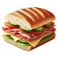 Submarine sandwich with ham, cheese, lettuce, tomatoes, onion, mortadella. Traditional cuban sandwich with cheese on transparent background PNG