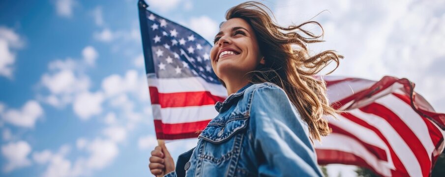 happy woman in denim jacket holding USA flag, smiling,standing against blue sky