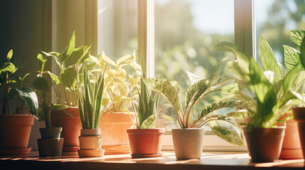 A collection of healthy indoor houseplants on a windowsill bathed in warm sunlight, symbolizing home comfort and green living.