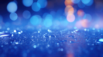 Blue bokeh lights shimmering on a wet surface, reflecting a mysterious and enchanting mood with a hint of cool elegance.