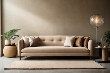 Interior home design of modern living room with beige sofa and concrete wall with copy space