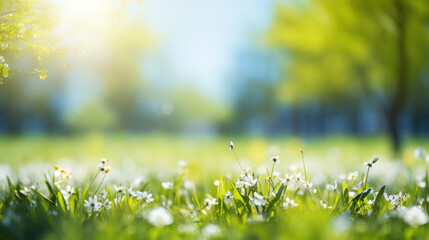 A vibrant spring meadow with a focus on small white flowers, backlit by the soft glow of the morning sun.