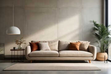Scandinavian interior home design of modern living room with beige sofa and gray wall with copy space