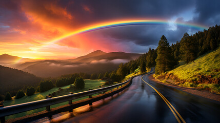 rainbow in the nature with highway 