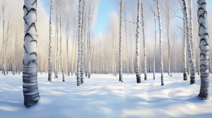 A serene snow-covered birch forest under a clear sky, with the sun casting soft shadows on the pristine snow.